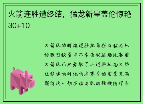 火箭连胜遭终结，猛龙新星盖伦惊艳30+10
